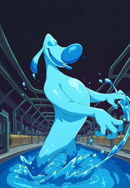 safe_pos, score_9, score_8_up, score_7_up, score_6_up, score_5_up, score_4_up, Liquidator, no humans, 1 boy, solo, furry, anthro, solid eyes, blue eyes, blue skin, made of water, dynamic pose, perspective, factory, looking at viewer, evil laugh, water splashes, swirling water, rising water