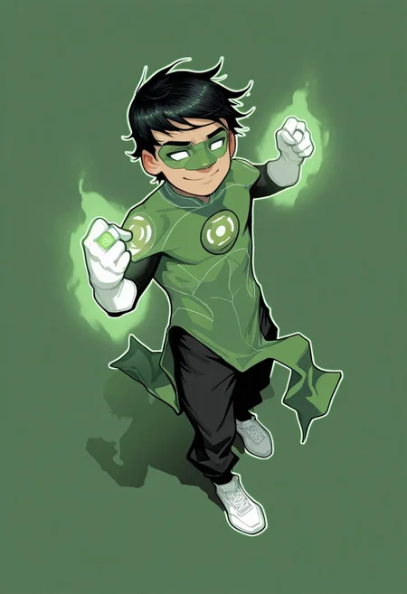 masterpiece, absurdres, high quality, perfect anatomy, 1boy, solo, cute boy, male focus, TaiPham, Black Hair, Green Lantern Ring, Green Lantern Costume, Green and Black Bodysuit, Green Domino Mask, White Eyes, White Gloves, Pelvic Curtain, Black Pants, White Shoes, Glowing Green Outline, Green Energy Aura, floating, levitating, big smile, cinematic, intricately detailed illustration, depth of field, masterpiece, best quality, amazing quality, very aesthetic, absurdres, newest, very awa,  shadow, dynamic angle, casual cosplay, dynamic pose, simple background, green theme, beitemian style