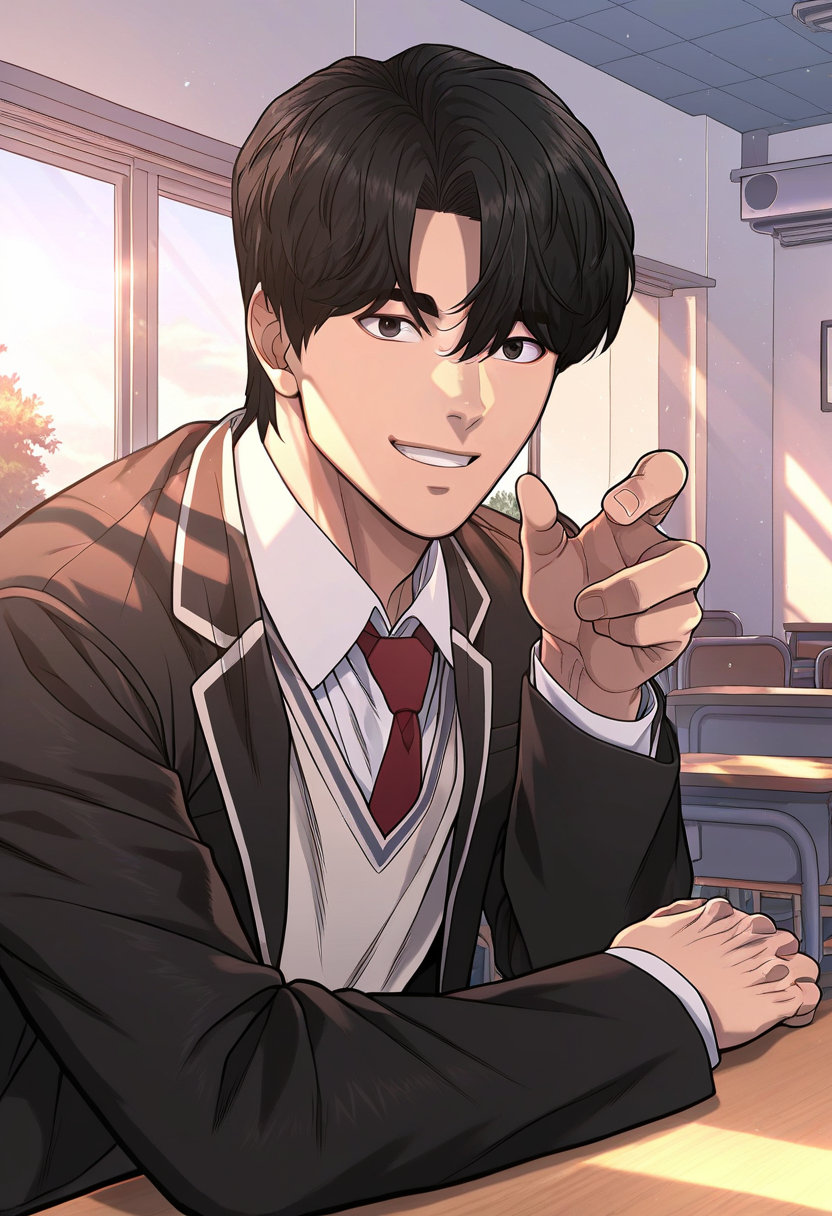 1boy, male focus, solo,
<lora:Character - Questism - Kim Suhyeon:1> kimsuhyeon, black hair, black eyes
,((zPDXL)), score_9_up, score_8_up, score_7_up, score_6_up, score_5_up, score_4_up, best quality, amazing quality, best aesthetic, amazing aesthetic, absurdres, year2023, uncensored, very nsfw, official art, official style,
 looking at viewer, smile, classroom, blazer, red necktie, school uniform, morning,