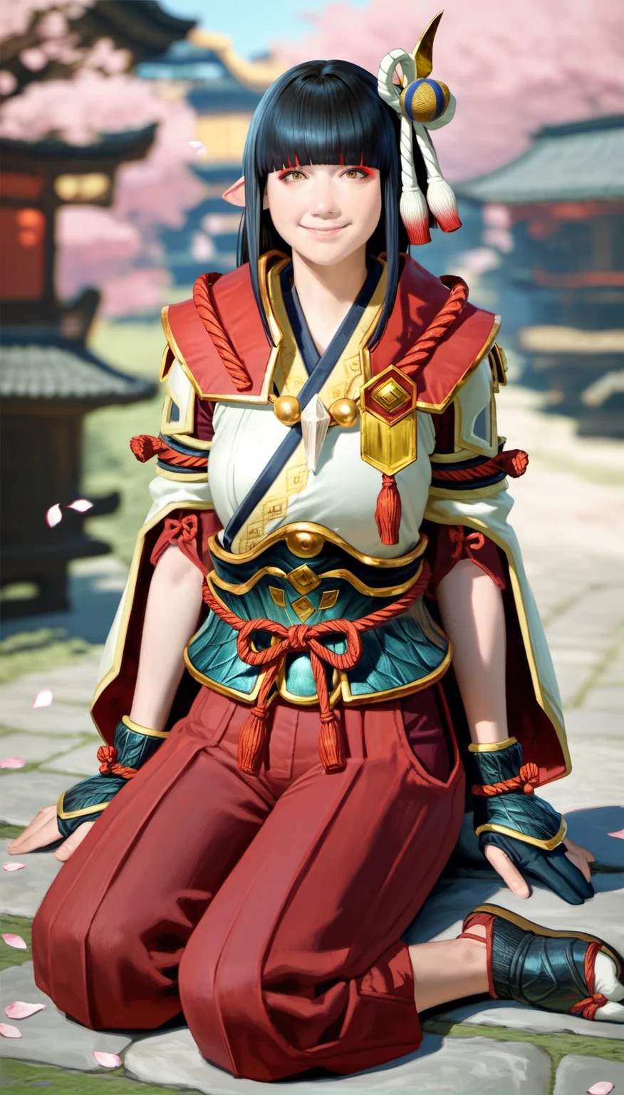 score_9,score_8_up,score_7_up,
<lora:hinoa:0.9>,
mhhinoa,
photorealistic,
1girl,solo,black hair,long hair,blunt bangs,hair ornament,
yellow eyes,looking at viewer,smile,
pointy ears,red and white short cape,shoulder necklace,white japanese robe top,deep red undershirt,green waist armor,detached sleeves,red cut out pants,deep red pants underneath,black fingerless gloves,white tabi sock,black footwear,
full body,sitting,
blurry background,outdoors,falling petals,ground,