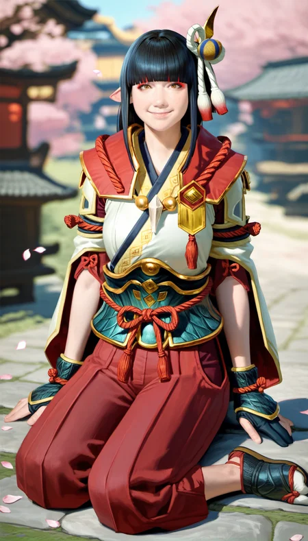 score_9,score_8_up,score_7_up,
<lora:hinoa:0.9>,
mhhinoa,
photorealistic,
1girl,solo,black hair,long hair,blunt bangs,hair ornament,
yellow eyes,looking at viewer,smile,
pointy ears,red and white short cape,shoulder necklace,white japanese robe top,deep red undershirt,green waist armor,detached sleeves,red cut out pants,deep red pants underneath,black fingerless gloves,white tabi sock,black footwear,
full body,sitting, 
blurry background,outdoors,falling petals,ground,
