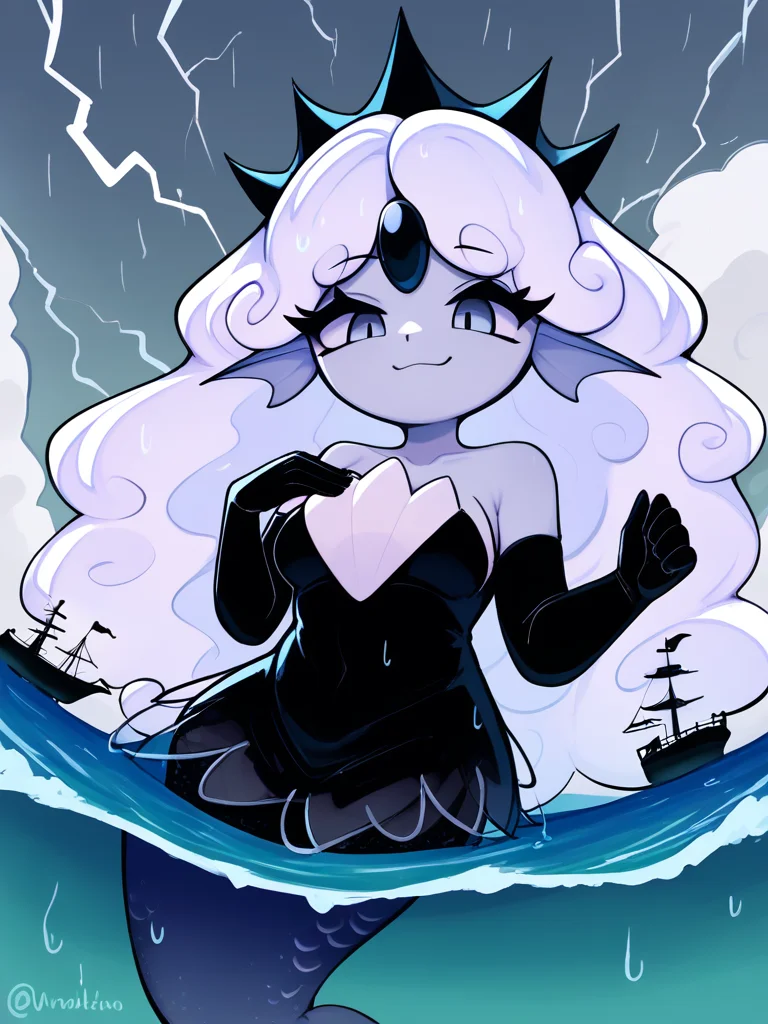 score_9, score_8_up, score_7_up,
1girl, solo, black dress, grey skin, grey eyes, eyelashes, white hair, black elbow gloves, head fins, dot eyes, black pearl, black forehead jewel, no nose, (chibi:0.5), mermaid, smug, giantess, ship,
ocean, grey sky, thunder, grey clouds, rain, lightning,
<lora:black_pearl_cookie:1>