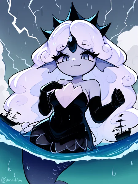 score_9, score_8_up, score_7_up,
1girl, solo, black dress, grey skin, grey eyes, eyelashes, white hair, black elbow gloves, head fins, dot eyes, black pearl, black forehead jewel, no nose, (chibi:0.5), mermaid, smug, giantess, ship,
ocean, grey sky, thunder, grey clouds, rain, lightning,
<lora:black_pearl_cookie:1>