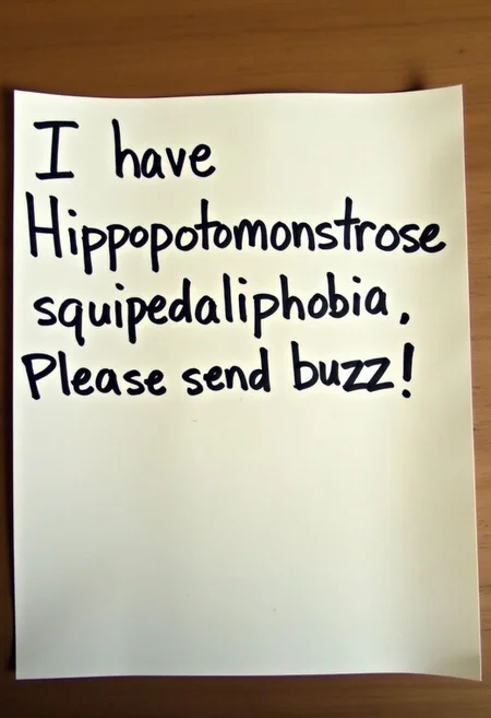 A photo of a handwritten note that reads "I have Hippopotomonstrosesquipedaliophobia. Please send buzz!"