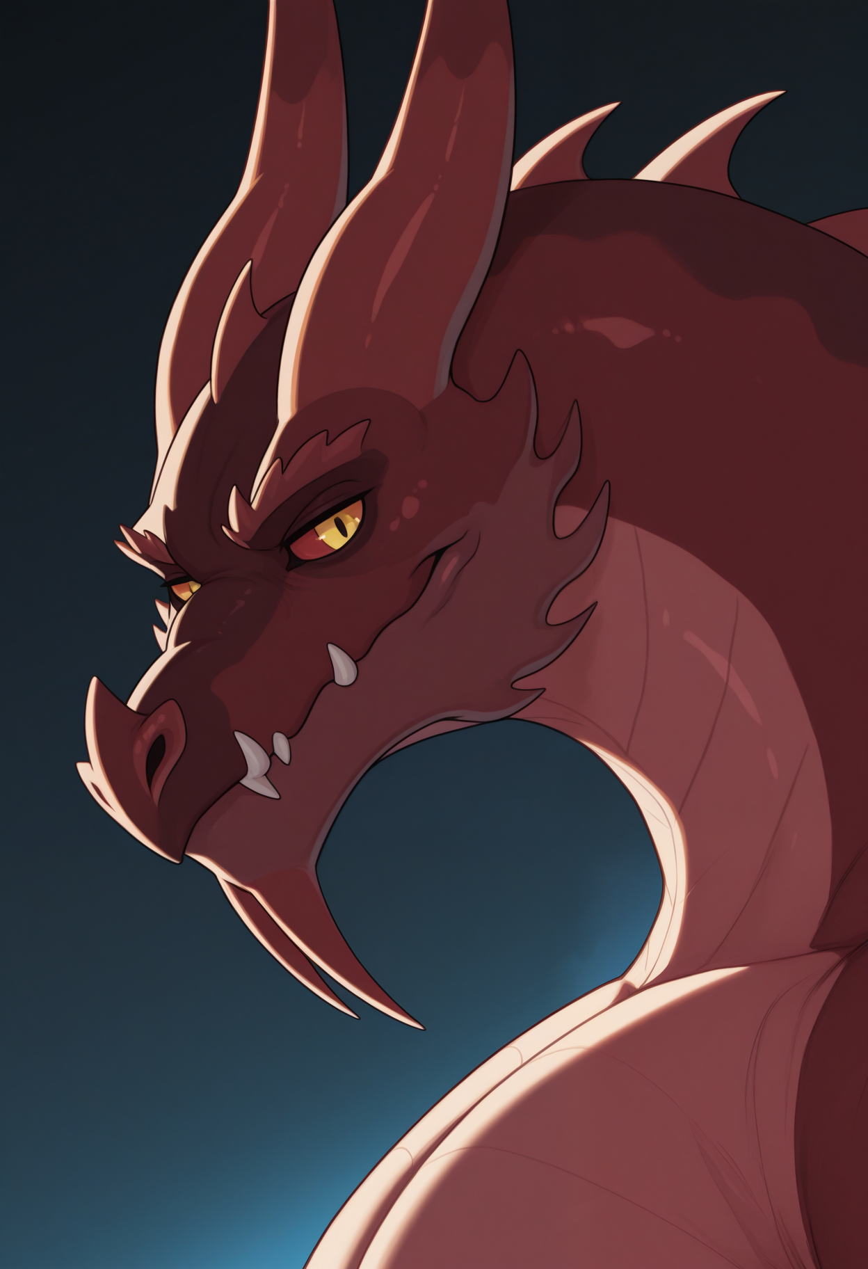 masterpiece,best quality,amazing quality, 1boy, solo, B4lthr0m4w, wyvern, colored sclera, yellow eyes, bara, muscular male, close up, side angle, gaze, looking at viewer,