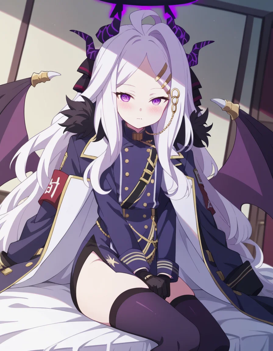 score_9, score_8_up, score_7_up, source_anime, <lora:hina-sorasaki-s1-ponyxl-lora-nochekaiser:1>, hina sorasaki, purple eyes, white hair, halo, ahoge, parted bangs, long hair, very long hair,, armband, black gloves, coat, coat on shoulders, demon horns, demon wings, fur collar, gloves, hair ornament, horns, long coat, military uniform, miniskirt, multiple horns, side slit, thighhighs, uniform, wings, zettai ryouiki,, indoors, bed, bed room, on side, blush, drunk, looking at viewer, solo, cowboy shot, dutch angle