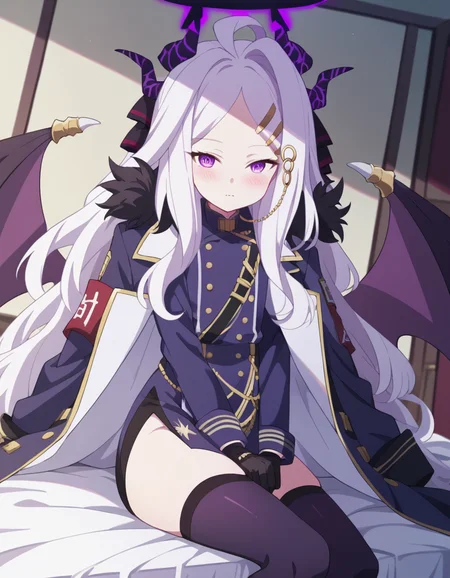 score_9, score_8_up, score_7_up, source_anime, <lora:hina-sorasaki-s1-ponyxl-lora-nochekaiser:1>, hina sorasaki, purple eyes, white hair, halo, ahoge, parted bangs, long hair, very long hair,, armband, black gloves, coat, coat on shoulders, demon horns, demon wings, fur collar, gloves, hair ornament, horns, long coat, military uniform, miniskirt, multiple horns, side slit, thighhighs, uniform, wings, zettai ryouiki,, indoors, bed, bed room, on side, blush, drunk, looking at viewer, solo, cowboy shot, dutch angle