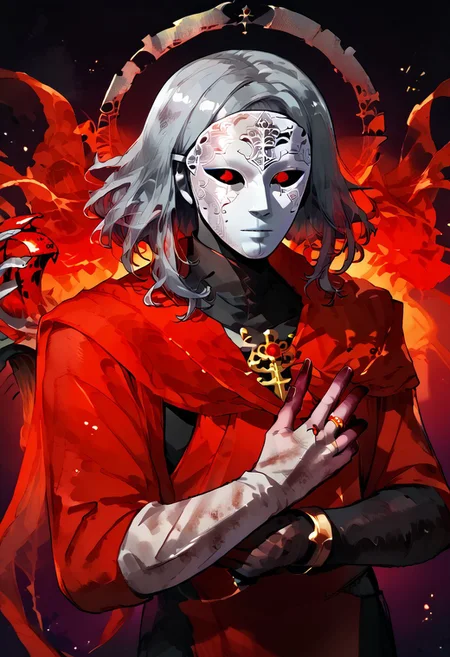 Score_6, score_9, score_8_up, score_7_up, score_6_up, source_anime, semi realism, masterpiece, detailed, ShadowPerson, <lora:ShadowPerson-000004:1>, colored skin, black skin, bald faceless, silhouette, best quality, masterpiece, 1boy, male focus, solo, upper body, high shot, (fantasy, sorcerer, wizard, cultist, undead, villain, evil, aura, magic, red robes, with high collar, silver chest plate, silver gantlets, green and gold metal pauldrons, jeweled pauldrons, ring, egyptian scarab pendant, bracelets, cuffs, open robe, long flowing robes, cosmic background, cosmic temple, no face, male face mask, masculine mask, with nose, with mouth, mask with contempt expression, ((silver mask over face:1.3)), white mask, , glowing eyes, easynegative, ng_deepnegative_v1_75t, magic circle,