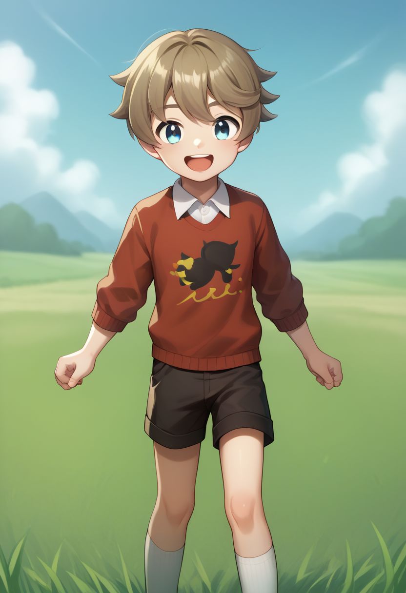 score_9, score_8_up, score_7_up, source_anime, highly detailed, 1boy, solo, 
youngster, 1boy, male focus, blue eyes, solo, brown hair, collared shirt, bangs, stand, shorts, socks, smile, open mouth, closed eyes, happy,
outdoor, grass, sky,