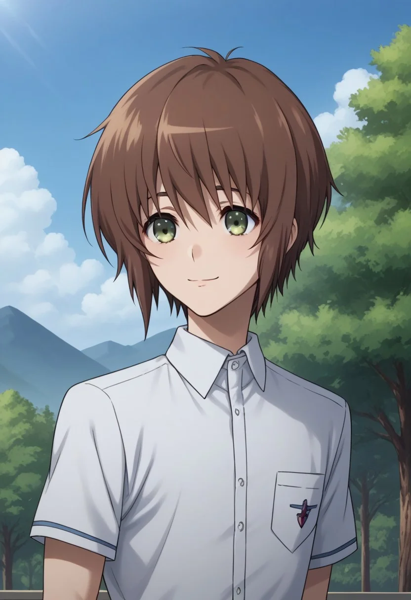 score_9, score_8_up, score_7_up, source_anime, highly detailed,
yuyamochizuki, 1boy, male focus, solo, brown hair, shirt, short hair, green eyes, upper body, white shirt, short sleeves, collared shirt, school uniform, breast pocket, bangs, pocket, smile, belt, pants, black pants, hands behind back,
outdoor, sky, tree