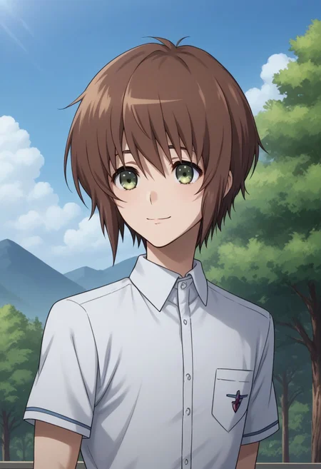 score_9, score_8_up, score_7_up, source_anime, highly detailed,
yuyamochizuki, 1boy, male focus, solo, brown hair, shirt, short hair, green eyes, upper body, white shirt, short sleeves, collared shirt, school uniform, breast pocket, bangs, pocket, smile, belt, pants, black pants, hands behind back,
outdoor, sky, tree