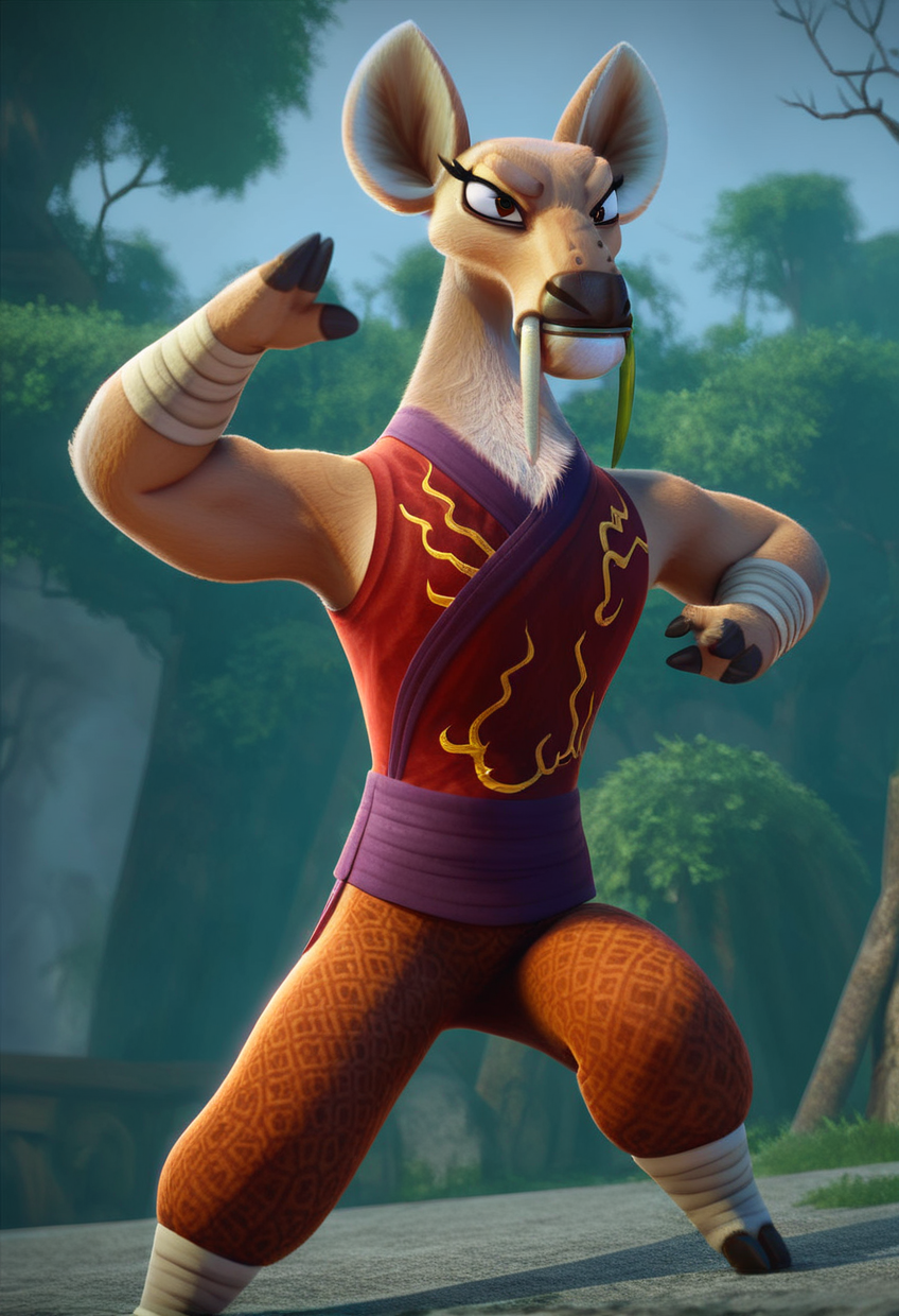 score_9, score_8_up, score_8,
  <lora:Jade_Tusk_Kung_Fu_Panda_for_PonyXL:0.8> 1girl, j4de_tu5k, furry female, tusks, deer girl, solo
kung fu, fighting pose, outdoors, china,