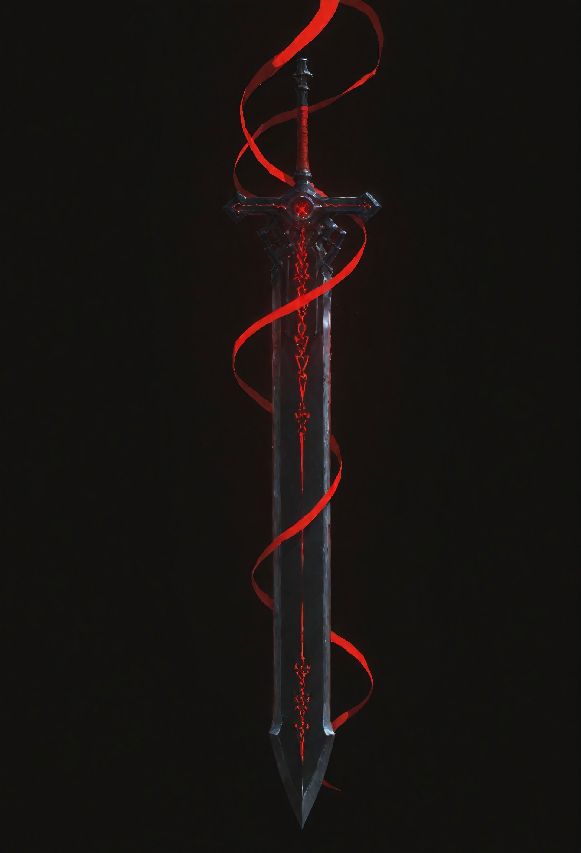 lazypos, vera_awa, EdgeOfAvarice, greatsword, glowing red runes, dark fantasy, demonic weapon, elegant, single weapon, extremely high detail, glowing runes, power, flowing ribbon, black background, dutch angle, floating, crimson energy 