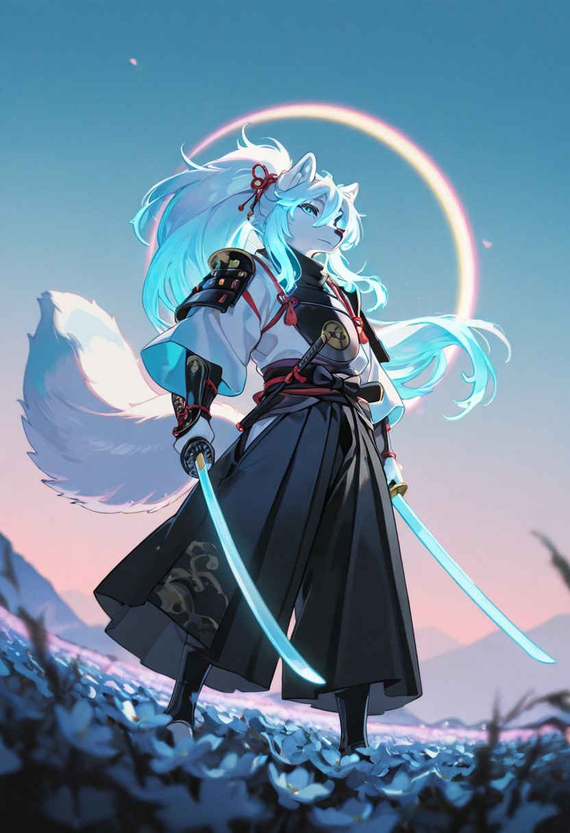 masterpiece, best quality, good quality, very aesthetic, absurdres, newest, 8K, depth of field, focused subject, 
dynamic angle, medium close up, wabi sabi, 1boy, furry anthro male arctic fox, white fur, samurai, ethereal presence, long flowing pastel blue hair, wielding a glowing katana, standing, cherry blossom field at dusk, soft lighting, vibrant neon highlights, Yoneyama Mai style, highly detailed anime illustration, dreamlike atmosphere, cinematic composition
ckym, in the style of ckym,