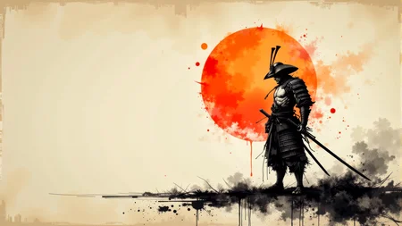 A minimal traditional japanese ink painting of the last weary Japanese samurai standing alone after an intense battle. He wears no armor nor any helmet. He holds his sword in hand. He is battered, bruised, and bleeds from several minor wounds. He is weary, disgusted, disheartened, and saddened at the lives that were lost. An orange rising sun hangs in sky behind him. This is a full frame body shot, from head to feet, providing a environmental wide angle view of the entire body. Intricate details, masterpiece, best quality. Soft volumetric lighting. <flux_realism_lora:0.42> <FluxDFaeTasticDetails:0.36> <BaroqueColorful:0.48>
