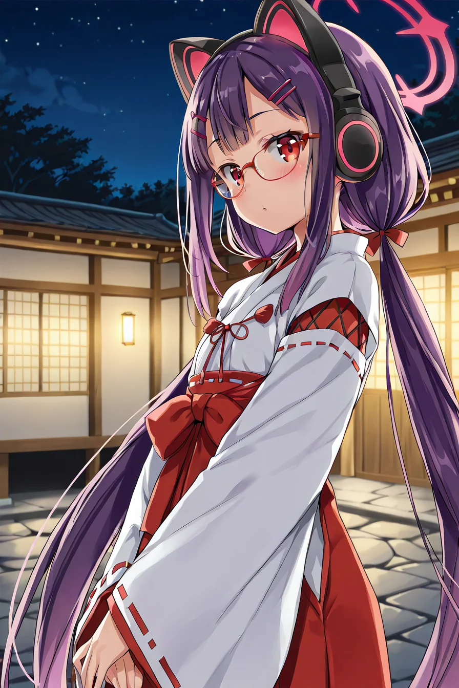 detailed background, shiny skin, posing,
<lora:natsueri.il:1.0>,
natsueri,
miko, 
night, indoor,, (purple hair:1.2), very long hair, low pigtails,
red eyes, glasses, hairpin, glowing cat headphones,  
hairpin,