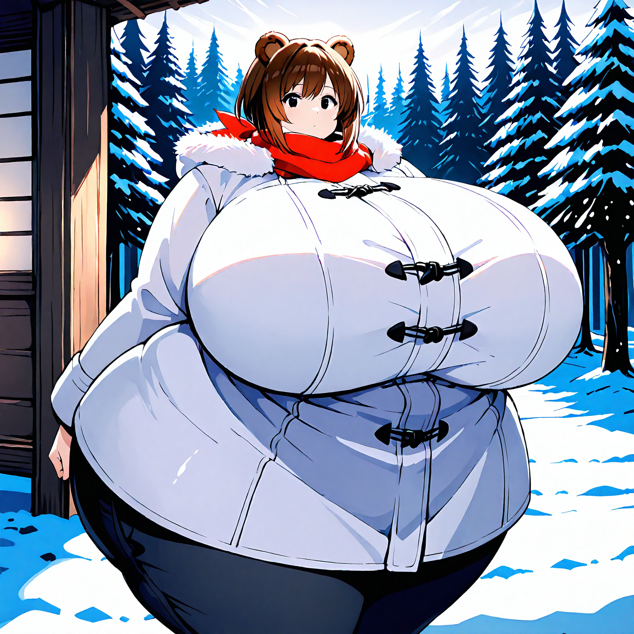 (masterpiece), best quality, (highly detailed), 1female, solo,  <lora:AshenWolf55_style_Illustrious:0.8>, bear ears, brown hair, black eyes, gigantic breasts, wide hips, white winter coat, pants, fitting clothes, forest, snow, cabin, red scarf, looking at viewer, blank expression,