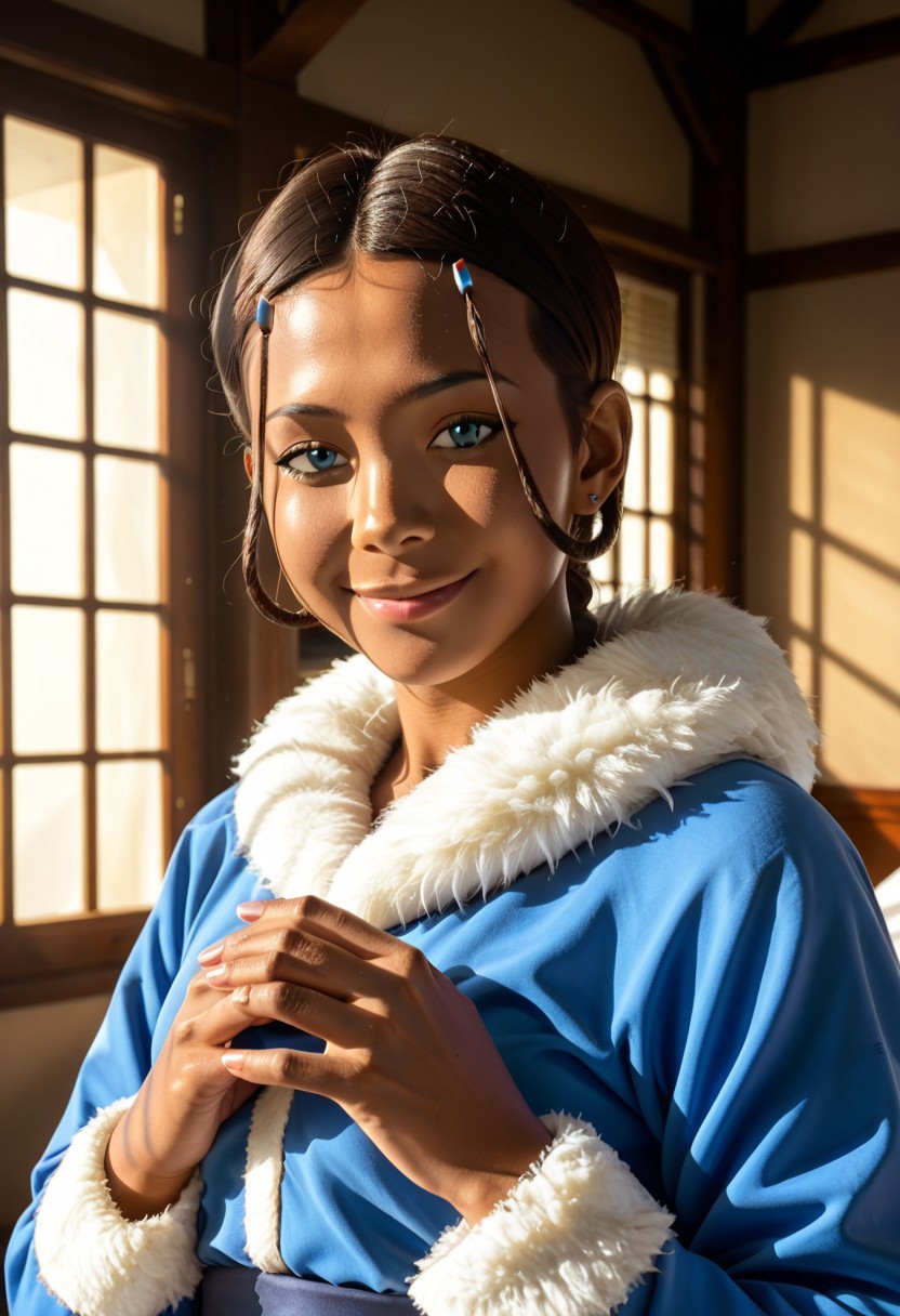 score_9, score_8_up, score_7_up, realistic, realism, HD, perfect quality, 16k, very detailed, realistic lighting, detailed face, BREAK, (((good_hands))), (((perfect eyes, bedroom eyes, (light smile:0.5)))),  BREAK, solo, 1girl, (((Katara-BookWater, blue eyes, short hair, brown hair, hair ornament, dark skin, dark-skinned female))), eye_focus, ((medium breasts, big ass)), (bedroom eyes), looking at viewer, nervous, seductive, sensual, medium body size, slightly small neck, plumb body, voluptuous hips and thighs, curvy body size, microwaist, (feminine body, soft body:1.5), BREAK,  dark skin, blue eyes, smile, hair ornament, brown hair, upper body, 1girl, dark-skinned female, closed mouth, male focus, hairclip, short hair, dark-skinned male, 1boy, black hair, fur trim