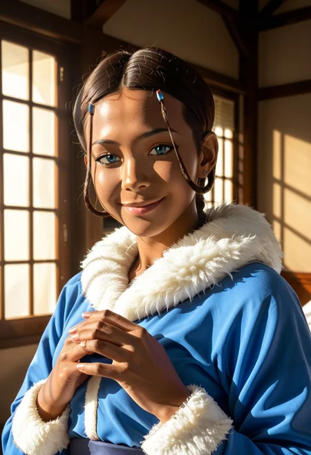 score_9, score_8_up, score_7_up, realistic, realism, HD, perfect quality, 16k, very detailed, realistic lighting, detailed face, BREAK, (((good_hands))), (((perfect eyes, bedroom eyes, (light smile:0.5)))), BREAK, solo, 1girl, (((Katara-BookWater, blue eyes, short hair, brown hair, hair ornament, dark skin, dark-skinned female))), eye_focus, ((medium breasts, big ass)), (bedroom eyes), looking at viewer, nervous, seductive, sensual, medium body size, slightly small neck, plumb body, voluptuous hips and thighs, curvy body size, microwaist, (feminine body, soft body:1.5), BREAK, dark skin, blue eyes, smile, hair ornament, brown hair, upper body, 1girl, dark-skinned female, closed mouth, male focus, hairclip, short hair, dark-skinned male, 1boy, black hair, fur trim