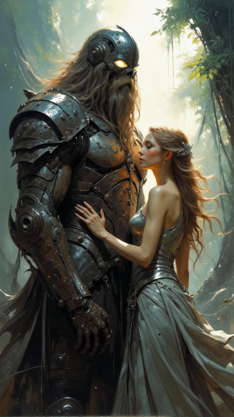 A highly detailed, master-level fantasy scene in a medium-close shot, featuring a stunningly beautiful woman with flowing golden hair, wearing a shimmering silver gown that glows faintly in the dim light. She stands beside a towering one-eyed giant, his muscular frame covered in rough, battle-worn armor. The cyclops' single glowing eye locks onto the viewer, exuding a mix of power and ancient wisdom. The woman gently touches the giant's arm, her expression calm yet resolute. The setting is a misty, enchanted forest, with rays of mystical light breaking through the trees, adding a magical atmosphere to the scene <lora:artisketchyfs-v02:0.8> <lora:FLUX-daubrez-DB4RZ-v2:0.8>