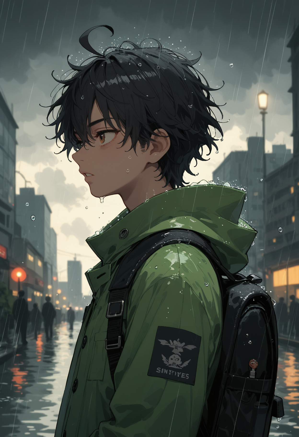 score_9, score_8_up, score_7_up,1boy,solo,black hair,short hair,messy hair,ahoge hair,brown eyes,perfecteyes,green raincoat,backpack,rain,heavy rain,rain droplets,water droplets,city,buildings,cloudy,bokeh,depth of field,sharp focus,sinozick,flat colors,from the side,side view,warm colors,<lora:Sinozick_Style_XL_Pony:0.8>, <lora:add-detail-xl:1>, <lora:perfect-eyes:0.8>
