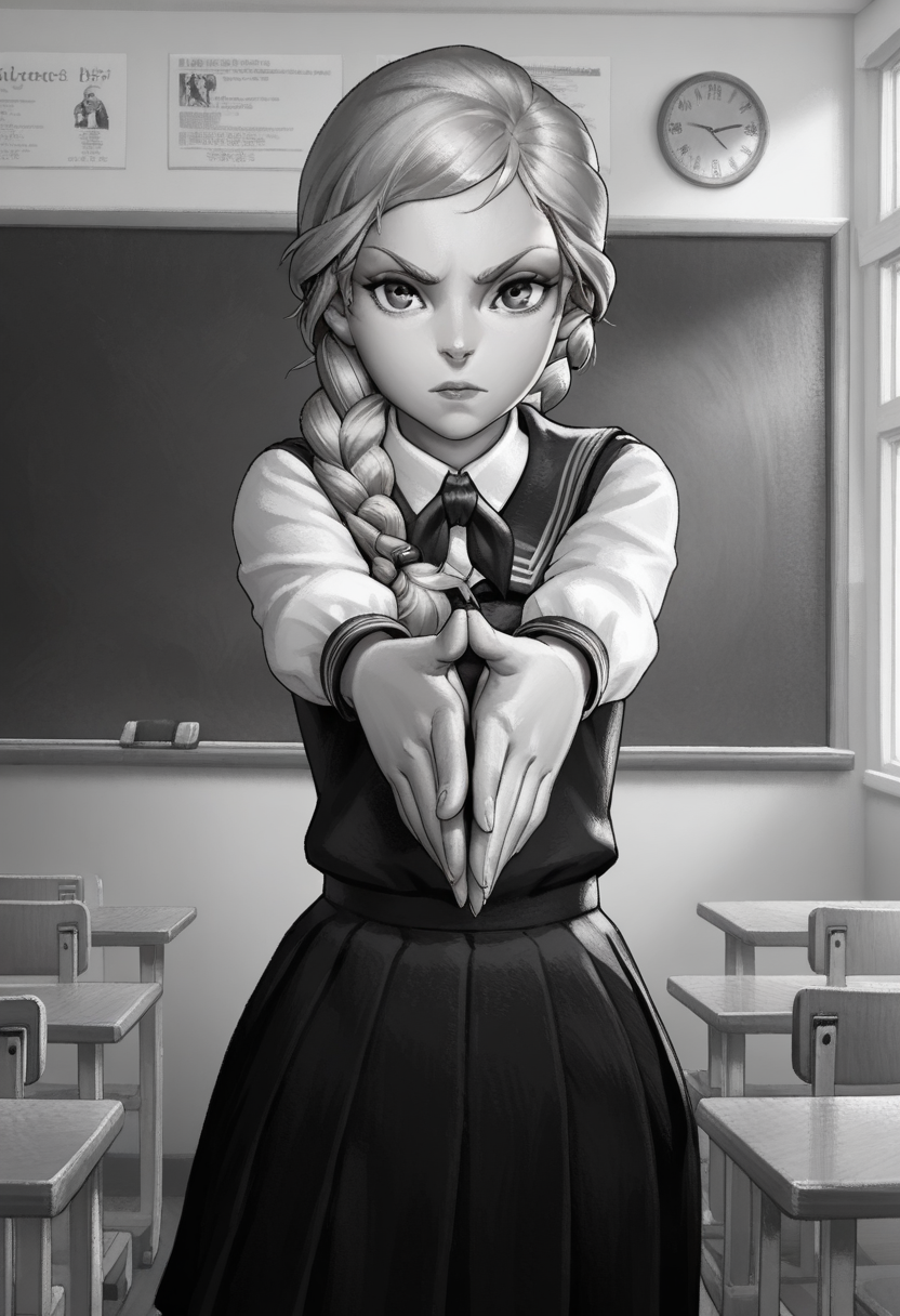 Graphic Design, greyscale, monochrome, intricate details, high contrast, detailed background, beautiful detailed, beautiful face, detailed eyes, detailed face, new, z41ch1k, 1girl, solo, blonde hair, single braid, school uniform, looking at viewer, cowboy shot, classroom, dynamic pose, (masterpiece, best quality, newest, recent, absurdres), 