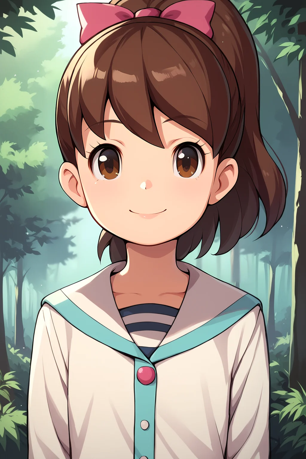 score_9, score_8_up, score_7_up, score_6_up, BREAK, KatieYWPXL, brown eyes, brown hair, short hair, bangs, high ponytail, hair ribbon, pink ribbon, flat chest, serafuku, white jacket, striped shirt, solo, front view, (portrait, upper body), solo focus, seductive smile, looking at viewer, forest, tree <lora:KatieYWPXL:1>