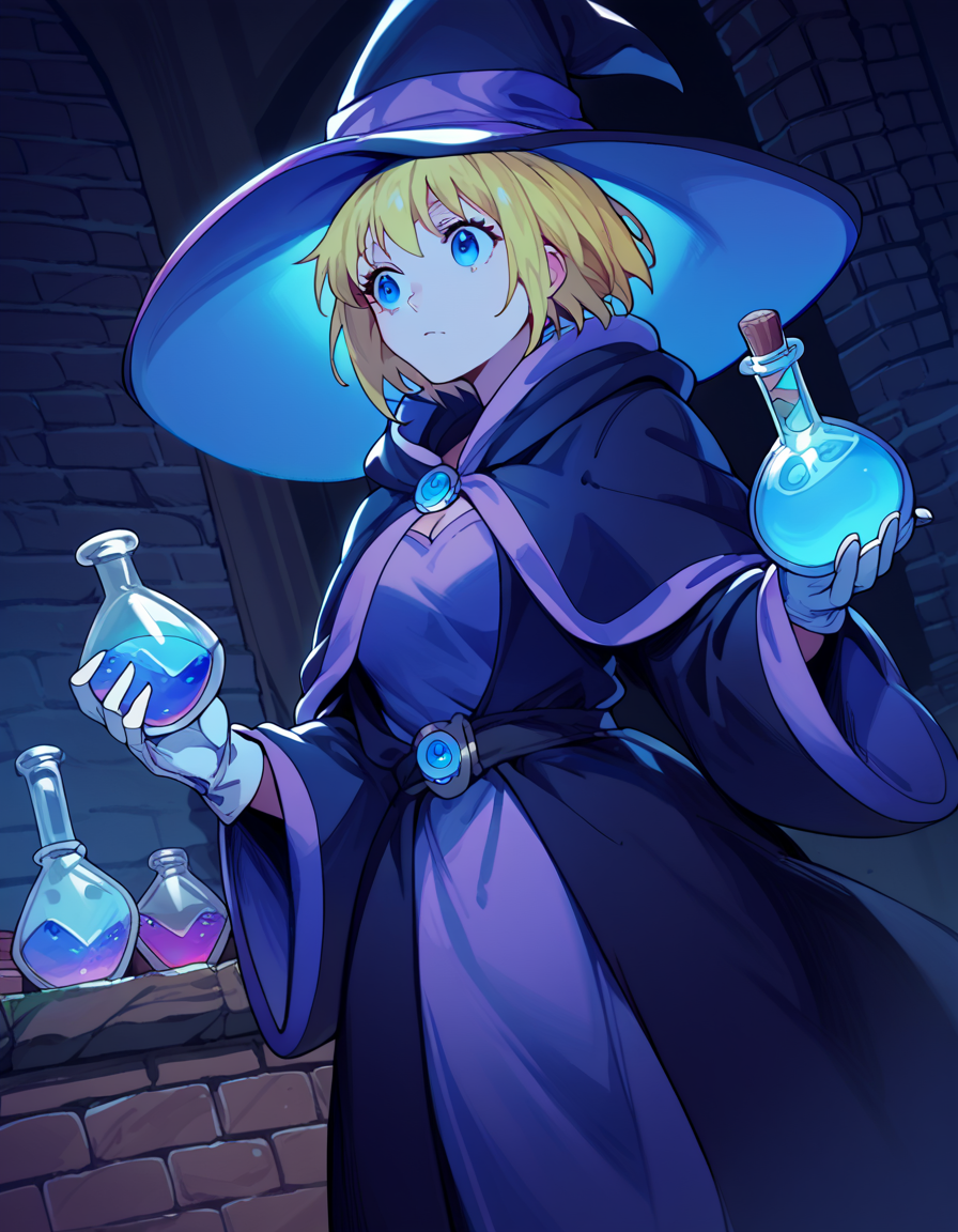 score_9, score_8_up, score_7_up, source_anime, <lora:fireforce-iris-s1s2-ponyxl-lora-nochekaiser:1>, iris, short hair, blonde hair, blue eyes, medium breasts,, <lora:wizard-ponyxl-lora-nochekaiser:1>, wizard, wizard hat, robe, dress, long sleeves, gloves,, indoors, bricks, potion, flask, vial,, cowboy shot,, , dutch angle, cowboy shot