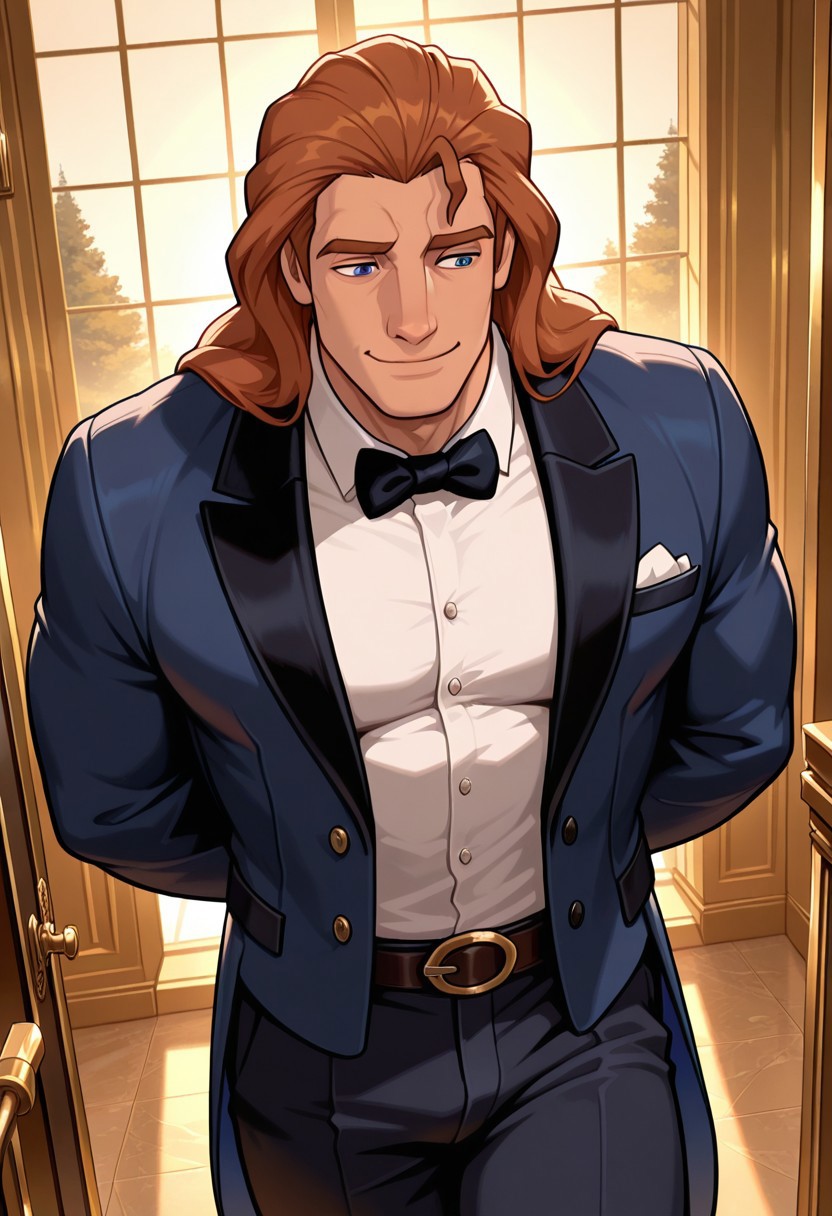 masterpiece,best quality,amazing quality,very aesthetic,absurdres,newest, huge filesize, Prince_Adam_BTB, 1man male focus, solo, auburn hair, blue eyes, lean and muscular, mature, long hair, strong, tall, manly, masculine, classy, soulful eyes,  artistic,  score_9, score_8_up, score_7_up, Masterpiece, Best Quality, beautiful eyes, detailed eyes, male focus, dynamic angle, male focus, solo, face focus, front view, gentle smile, standing, ((male)), ((mature)), ((adult)), handsome, sexy, ((slender)), ((pecs)), ((bara)), ((twunk)), Prince_Adam_BTB, 1man, auburn hair, blue eyes, SUBTLE SMILE, proportional body, Golden Hour Shot, Tuxedo, tailored suits, dress shirts, polished dress shoes, polo shirts, chinos, trousers, casual jackets, overcoats, peacoats, Omega watch, tie, bow tie, pocket square, leather belt,  ballroom