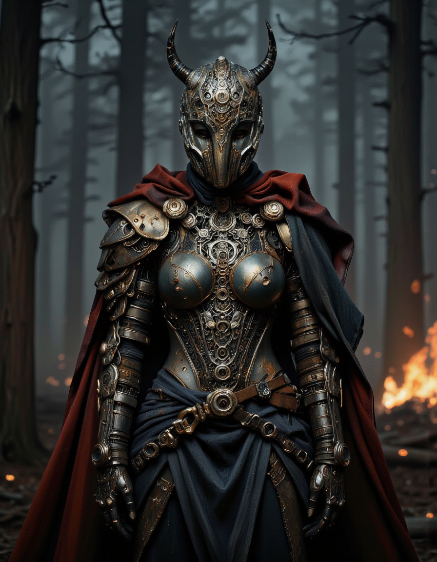 SentinelBot. This is a highly detailed digital CGI artwork featuring a female cyborg warrior. The subject stands in a dramatic, dimly lit, and slightly blurred background, emphasizing the foreground subject. The warrior is adorned in intricate, dark metallic armor that glistens with a metallic sheen, reflecting the ambient light. The armor is ornate, with elaborate patterns and designs, including circular motifs and angular shapes, giving it a futuristic yet medieval aesthetic. Her helmet is a visored, ornate affair with two prominent horns curving upward, adding to her imposing presence.
Her chest armor is highly detailed, with a pronounced, rounded shape that accentuates her breasts, and a complex, interlocking design. The armor covers her arms and shoulders, with articulated plates and gauntlets that show signs of wear and use. A flowing, dark red cape hangs from her shoulders, adding a sense of movement and depth to the image. The background is a misty, darkened forest, with faint outlines of trees and a hint of light from a distant fire, suggesting a battle or camp scene. The overall style is a blend of steampunk and medieval fantasy, with a high level of realism in the armor details and a slightly exaggerated, dramatic lighting. <lora:The_Vanguard:1.1>