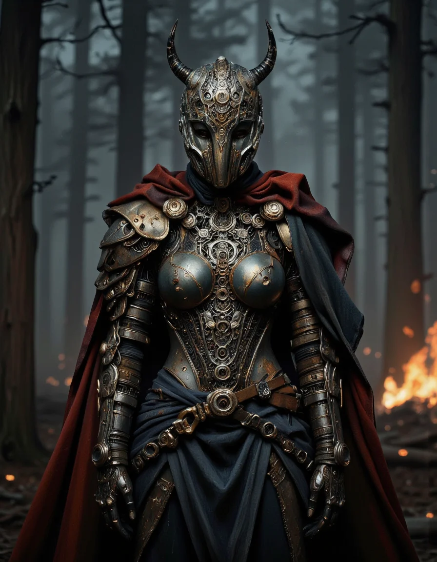SentinelBot. This is a highly detailed digital CGI artwork featuring a female cyborg warrior. The subject stands in a dramatic, dimly lit, and slightly blurred background, emphasizing the foreground subject. The warrior is adorned in intricate, dark metallic armor that glistens with a metallic sheen, reflecting the ambient light. The armor is ornate, with elaborate patterns and designs, including circular motifs and angular shapes, giving it a futuristic yet medieval aesthetic. Her helmet is a visored, ornate affair with two prominent horns curving upward, adding to her imposing presence.
Her chest armor is highly detailed, with a pronounced, rounded shape that accentuates her breasts, and a complex, interlocking design. The armor covers her arms and shoulders, with articulated plates and gauntlets that show signs of wear and use. A flowing, dark red cape hangs from her shoulders, adding a sense of movement and depth to the image. The background is a misty, darkened forest, with faint outlines of trees and a hint of light from a distant fire, suggesting a battle or camp scene. The overall style is a blend of steampunk and medieval fantasy, with a high level of realism in the armor details and a slightly exaggerated, dramatic lighting. <lora:The_Vanguard:1.1>