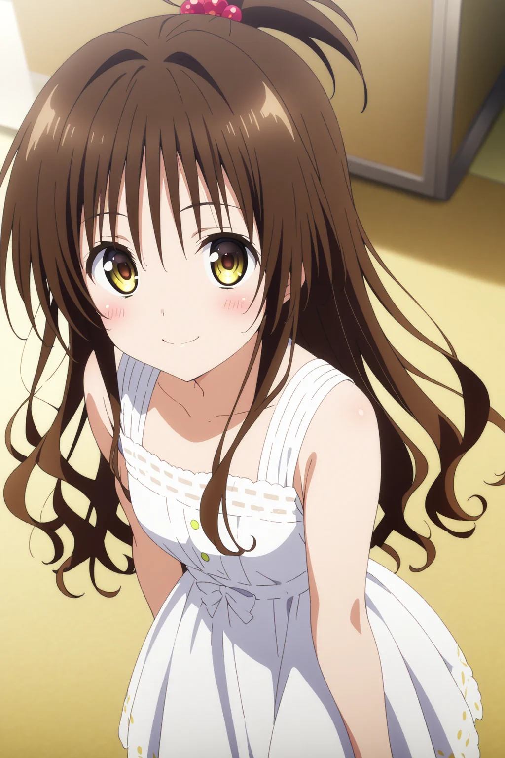 1girl, yuuki mikan, to love-ru, brown hair, yellow eyes, hair ornaments, long hair, topknot, wavy hair, small breasts, anime coloring, smiling, blush, looking at viewer, dress,
masterpiece, best quality, very aesthetic, absurdres, <lora:Yuuki_Mikan_v1_Pony:1>