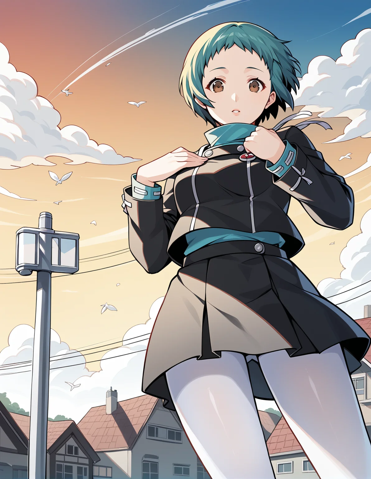 score_9, score_8_up, score_7_up, score_6_up, score_5_up, score_4_up, source_anime, rating_safe, BREAK <lora:fuukaXL_LoRA-C3Lier_AdamW_Dim16_Alpha16_UN-3e-4_TE-1.5e-4_10batch_ponyDiffusionV6XL_v6StartWithThisOne:1>, fuuka yamagishi, 1girl, aqua hair, short hair, brown eyes, blue turtleneck, gekkoukan high school uniform, black jacket, long sleeves, black skirt, white pantyhose, standing, cowboy shot, dutch angle, wind, hand on own chest, clenched hand, from below, looking at viewer, facing viewer, utility pole, town, gradient sky, sunset, caustics, cloud