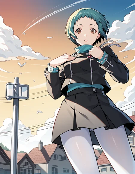 score_9, score_8_up, score_7_up, score_6_up, score_5_up, score_4_up, source_anime, rating_safe, BREAK <lora:fuukaXL_LoRA-C3Lier_AdamW_Dim16_Alpha16_UN-3e-4_TE-1.5e-4_10batch_ponyDiffusionV6XL_v6StartWithThisOne:1>, fuuka yamagishi, 1girl, aqua hair, short hair, brown eyes, blue turtleneck, gekkoukan high school uniform, black jacket, long sleeves, black skirt, white pantyhose, standing, cowboy shot, dutch angle, wind, hand on own chest, clenched hand, from below, looking at viewer, facing viewer, utility pole, town, gradient sky, sunset, caustics, cloud