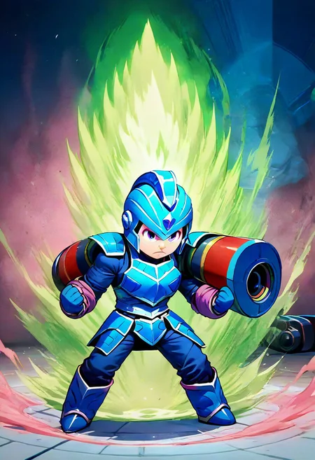 (1boy, solo, facing viewer, , score_9, score_8_up, score_7_up, chibi, Ki Charge, aura, fighting stance, white aura, red aura, blue aura, green aura, purple aura, pink aura, yellow aura, clenched hands, full body, (Megaman, Rockman, gloves, boots, helmet, blue armor, arm cannon:1.3):1.3), zPDXL3 ,SimplePositiveXLv2, masterpiece, best quality, high res, illustration, extremely detailed, 8k, wallpaper