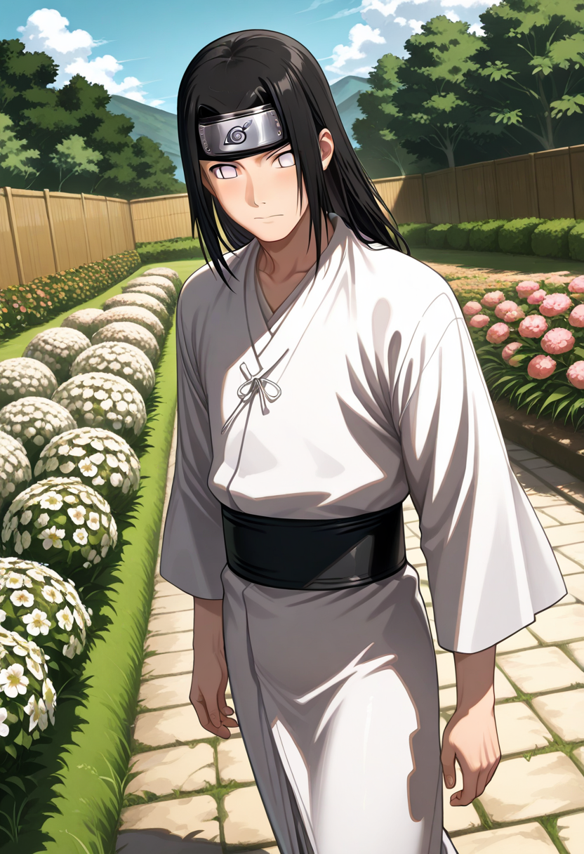 masterpiece, best quality, solo, 1boy, 
dynamic angle, 
<lora:Neji_Hyuga_Illustrious:1>, neji_hyuga_il, konoha protector, white kimono, pupilless eyes, black hair, 
garden, grass, flowers, bushes, wall, outdoors, kimono, 
<lora:Smooth Mix - Illustrious:0.4>, <lora:Perfect Hands:0.6>, hand, hands, perfect, <lora:Dramatic Lighting Slider:3>, 8k, ultra quality