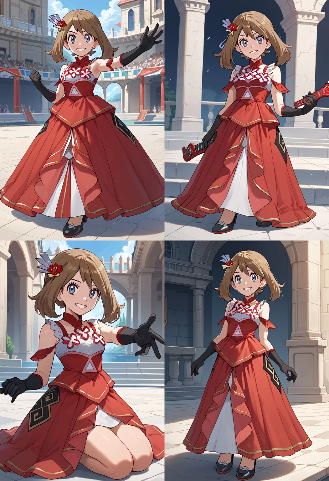 __femalePosesWildcard400_v10/female-poses__, looking at viewer, smile, <lora:MayORASPony:1> May_Ani, medium hair, brown hair, blue eyes, hair ornament, red dress, sleeveless dress, black gloves, elbow gloves, black footwear, high heels,, score_9, score_8_up, score_7_up, score_6_up, score_5_up, score_4_up,