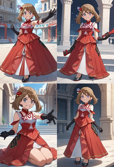 __femalePosesWildcard400_v10/female-poses__, looking at viewer, smile, <lora:MayORASPony:1> May_Ani, medium hair, brown hair, blue eyes, hair ornament, red dress, sleeveless dress, black gloves, elbow gloves, black footwear, high heels,, score_9, score_8_up, score_7_up, score_6_up, score_5_up, score_4_up,