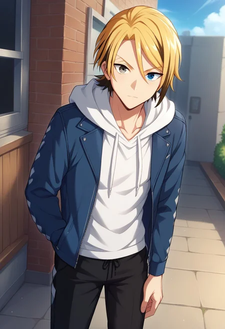 score_9, score_8_up, score_7_up, source_anime, highly detailed,
leonard, 1boy, male focus, blonde hair, solo, hood, hoodie, jacket, heterochromia, blue eyes, pants, grey eyes, open clothes,
looking at viewer, multicolored hair, white hoodie, hood down, open jacket, long sleeves, hair between eyes, black pants, bangs, two-tone hair, drawstring,
outdoor, sky,