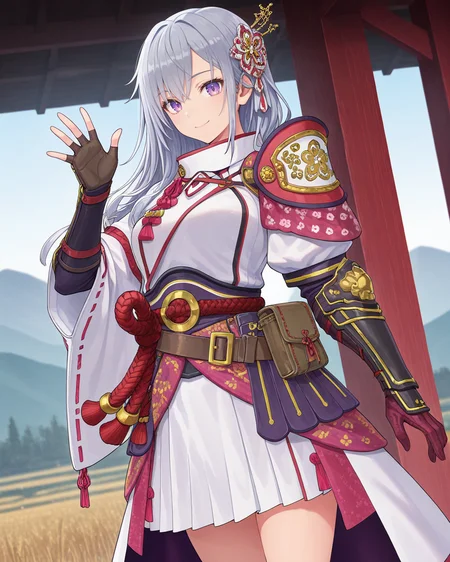 <lora:Rune_Factory:0.8>,masterpiece,best quality,absurdres,intricate details,extremely detailed illustration,very aesthetic,official art,newest,
1girl,solo,gloves,long hair,looking at viewer,smile,purple eyes,hair ornament,closed mouth,standing,white skirt,pouch,hair between eyes,japanese clothes,grey hair,fingerless gloves,sash,long sleeves,thigh,puffy sleeves,belt,wide sleeves,cowboy_shot,gauntlet,day,posing,savanna,depth of field,arm_at_side,waving,dutch angle,bare_legs,