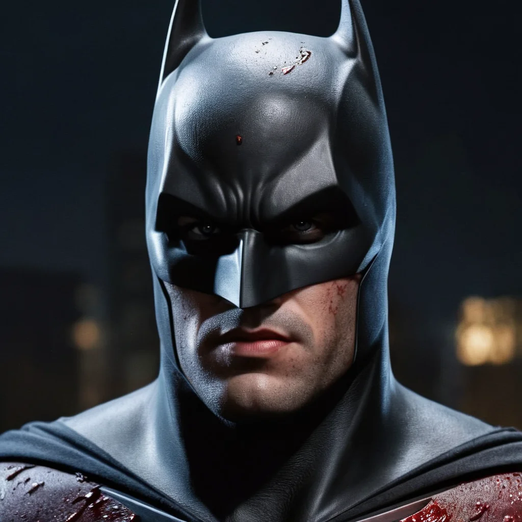 Hyperrealistic art of <lora:Bruce Wayne:1.2>
Bruce Wayne a man in a batman costume with blood on his face In Gotham City Universe, Extremely high-resolution details, photographic, realism pushed to extreme, fine texture, incredibly lifelike