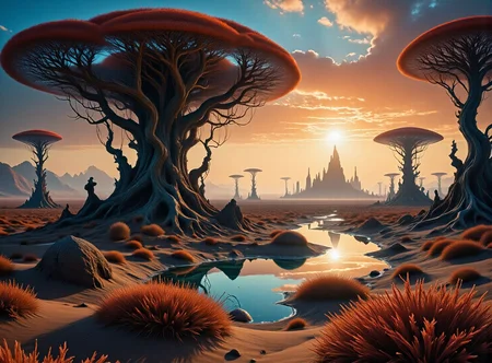 alien landscape, surreal atmosphere, sunset, mysticism, horror
in, high body detail, realistic, soft focus, insanely detailed, highest quality, high resolution photography, realistic photo, ultra detailed, hyperrealism., sensual palette, all captured with the exacting precision of a Hasselblad X2D 100C camera, showcasing every subtle detail.
, faint mist in the background, melancholic and mysterious expression,  dramatic lighting, volumetric light rays, studio depth of field,  masterpiece, 8k, hyper-realistic, Rembrandt lighting, painted mood, and the lighting is soft and warm, creating a cozy atmosphere.
,high quality, ultra detailed, colorful, abstract, particles, fantasy, photo realistic, 4k,
.  Fantastic lighting. Detailed shadows.intricate details, vivid colors, hyper-detailed, ultra-sharp, 8k , HDR+, detailmaximizer . The style is ultra-realistic with a touch of surrealism, dreamy atmosphere, and unique textures.  , The interplay of light and dark adds depth to the scene, creating a cinematic quality that highlights the soft contrasts . This graphic novel-style composition exudes gritty realism and a sense of enigmatic storytelling, pulling the viewer into a world of intrigue and mystery."
<lora:color-world:1.3><lora:European-BeautyV2:0.5>  <lora:alienland1:1> <lora:aliensland2:1>  <lora:Ethereal_Alien:0.3>  <lora:Hyperrealist_Colored_Pencil-GMR:0.6> hrcp  <lora:yfg-acrylic-v1:0.2><lora:PencilDrawing_v3:0.6> pencil drawing <lora:fstyle-shoot-v1:0.8>  <lora:Delicate_Focus_FLUX_LoRA:0.7> <lora:mila2025dev23:0> <lora:wedding:0> <lora:tornado:1> <lora:alienland3:1>