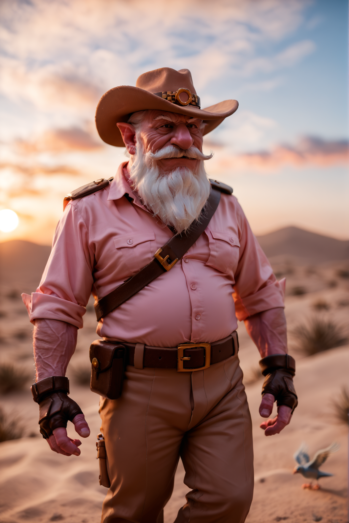 score_9, score_8_up, score_7_up,
blur censor, blurry, blurry background, blurry foreground, bokeh, motion blur,
chromatic aberration, depth of field, figure, focused,  focus
dawn, cloudy, sunrise, birds flying, zoomed out, desert, standing, standing straight, one hand on hip, seductive pose, posing seductively, sideview, from the side, seen from an angle,
 <lora:sniper_v1:0.8>
sniper_v1, 1boy, 
(old man:1), old, 60 y.o, wrinkles, solo, 
facial hair, white beard, mustache, 
colored skin,pink skin, 
belt,  brown gloves, brown belt, brown pants,fingerless gloves,brown headwear,
yordle, midget,