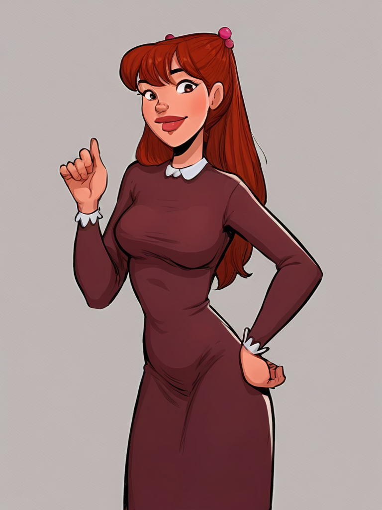 score_9_up,score_8_up,score_6,score_5,score_4,  julia, long hair, 1girl, brown hair, lips, solo, hair ornament, breasts, red hair, dress, simple background, hand up, smile,looking at viewer ,hand on hip,   <lora:julia sdxl:1>