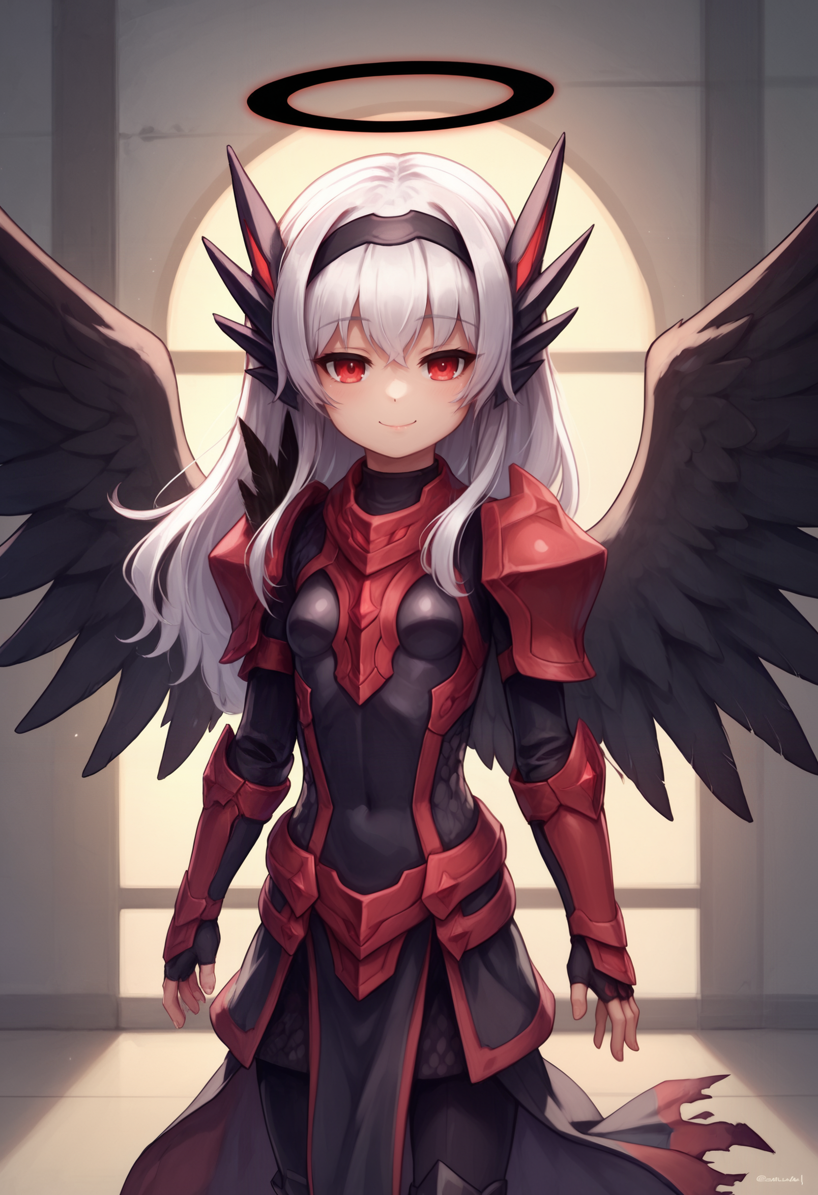 zPDXL, 1girl, solo BREAK
darkmel, darkmel-armor, hairband, headgear, closed mouth, small breasts, halo, wings,
seductive smile, looking at viewer,
standing, cowboy shot,
indoors, 
<lora:darkmel-ponyxl-kohya-000006:0.6>
