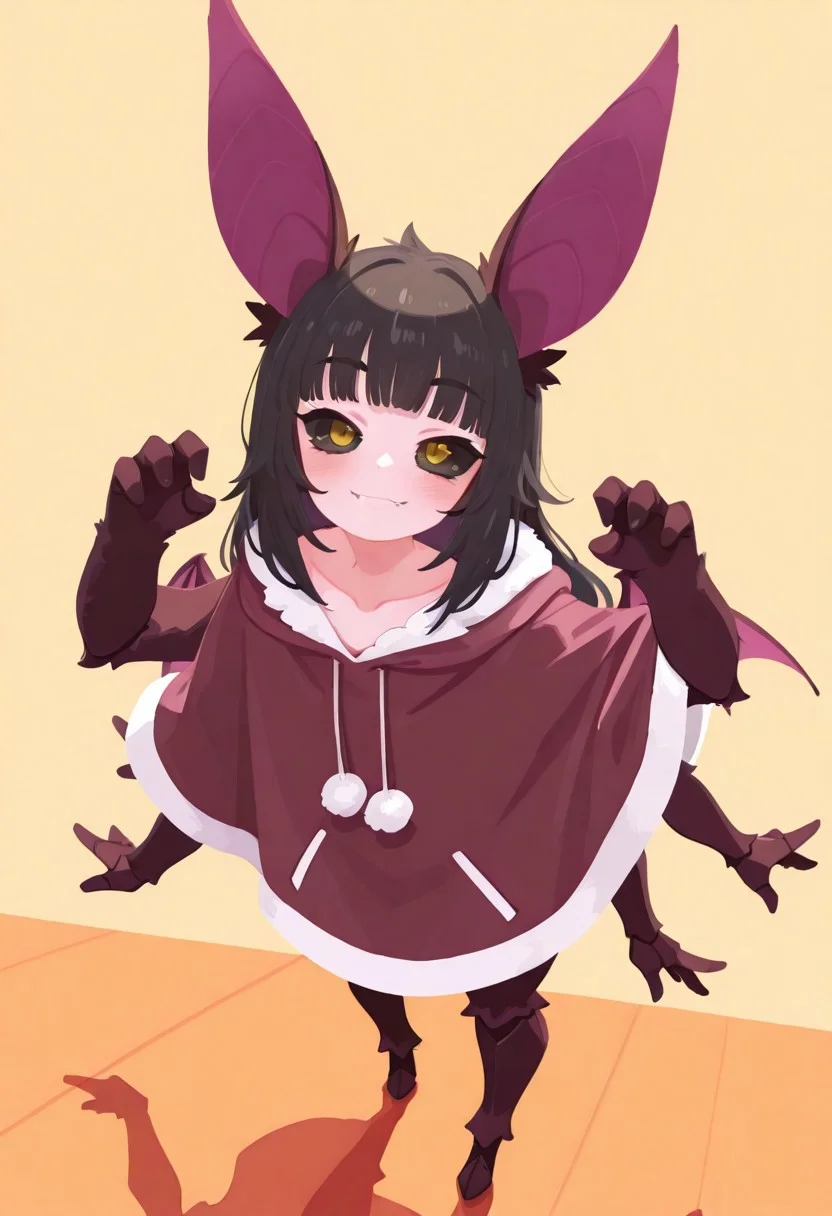 masterpiece, high quality, absurdres, gorgeous, dynamic angle, simple background, glossy, shade, shadow, MorikoKyoho, 1girl, solo, long hair, yellow eyes, blush, black hair, animal ears, bat ears, collarbone, wings, bat wings, purple wings, fangs, hood, hood down, hoodie, blunt bangs, fur trim, capelet, pom pom (clothes), drawstring, poncho, bat girl, cute pose, smile
flat color, no lineart, tianliang_duohe_fangdongye:0.7, ((organic shapes)), abstract background, facing viewer, reflective floor,
juniperactias, monster girl, arthropod girl, moth girl, insect wings, ((extra arms)), fewer digits, carapace, long hair, antennae, ((black sclera)),