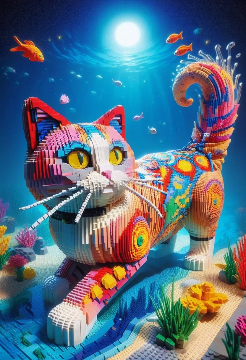 Surreal style, Radiant, big-eyed cat made of lego at night, fishes swim in the background, the cat is dreaming, abstract art by Anne Truitt, Synthetism, psychedelic colors, psychadelic, sharp focus, highly intricate, full color, confident, intricate artistic color, handsome