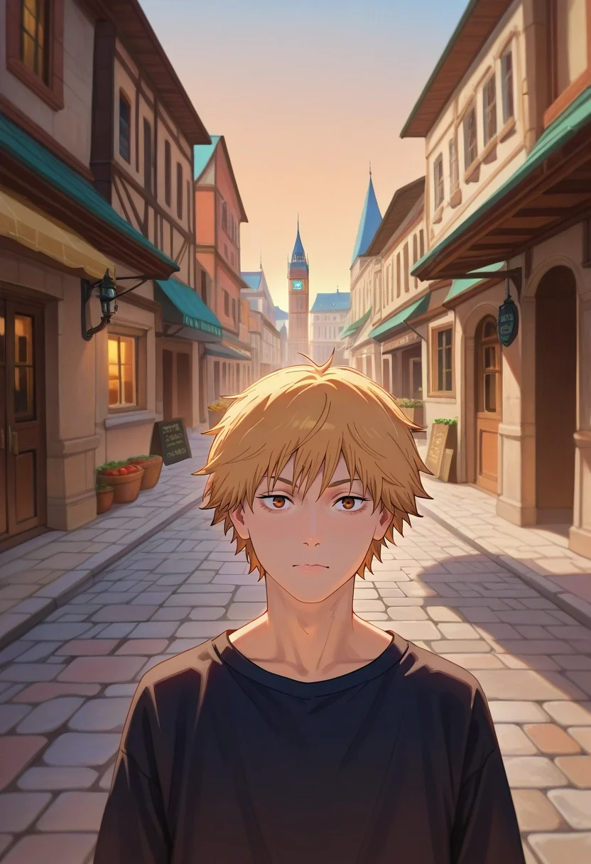 masterpiece, best quality, , (realistic:0.6), looking at viewer, 1boy, solo, male focus, <lora:denji_chainsaw_man_ilxl:0.98>, denji_chainsaw_man, blonde hair, brown eyes, short hair, bangs, , historic square, cobblestone streets, bustling market, towering clocktower, strolling pose, nostalgic expression, golden hour,