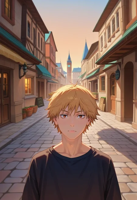 masterpiece, best quality, , (realistic:0.6), looking at viewer, 1boy, solo, male focus, <lora:denji_chainsaw_man_ilxl:0.98>, denji_chainsaw_man, blonde hair, brown eyes, short hair, bangs, , historic square, cobblestone streets, bustling market, towering clocktower, strolling pose, nostalgic expression, golden hour,