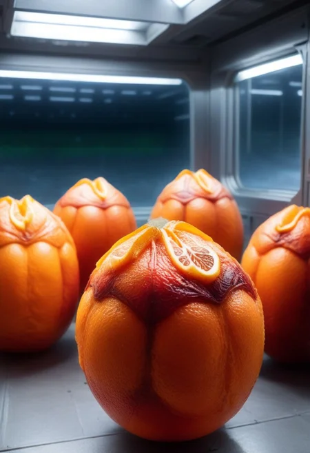blood orange style, xenoegg, view of a group of unhatched xenoeggs, xenoeggs made of orange peel, horror theme, green light, space station interior, foggy ground, beautifully lit,